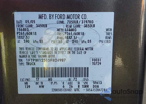 2005 Ford F-150 Lariat/Xlt из США, поврежденный, VIN 1FTPW12515FB24987